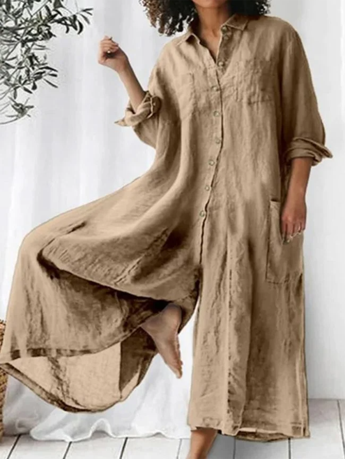 Casual Plain Lapel Collar Single Breasted Wide Leg Jumpsuit