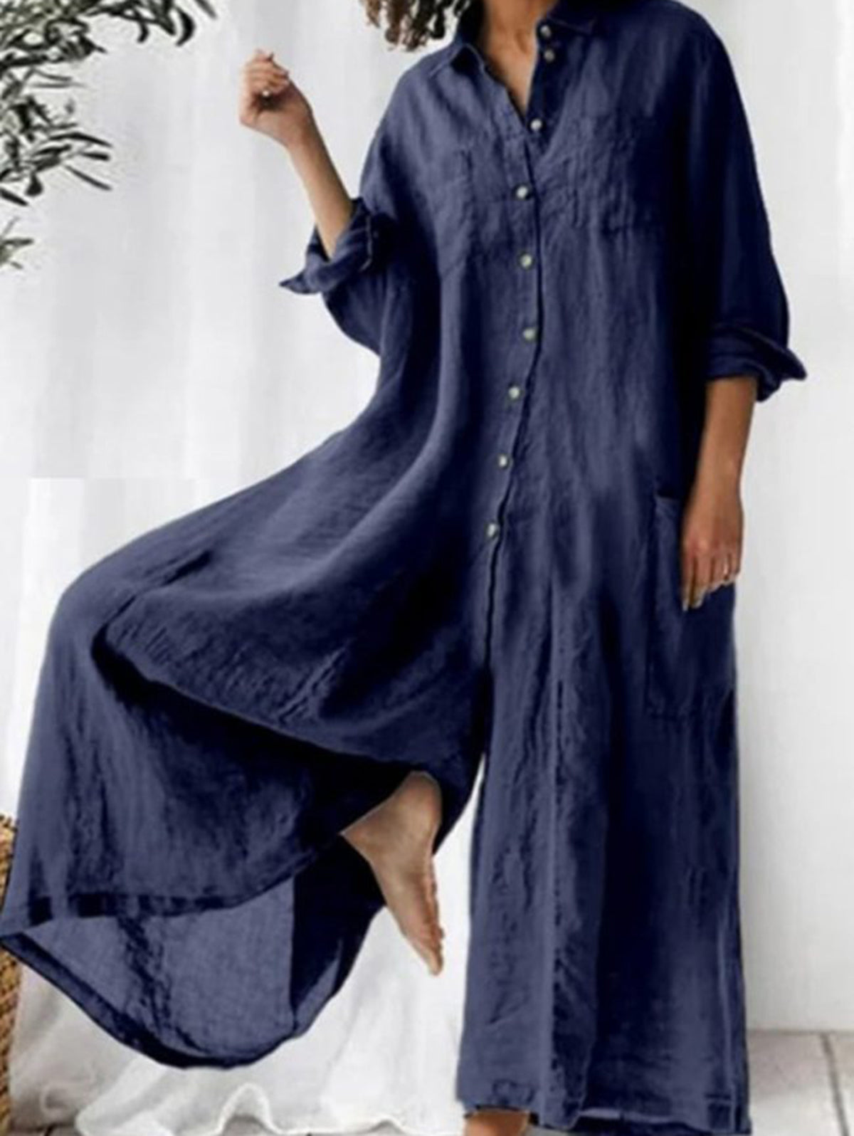 Casual Plain Lapel Collar Single Breasted Wide Leg Jumpsuit