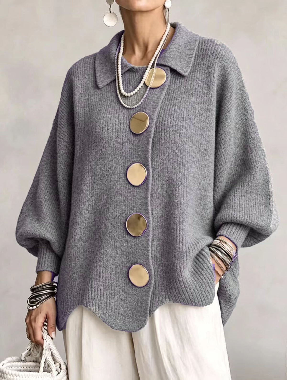 Isadora™ | Oversized Collared Cardigan With Large Metal Buttons