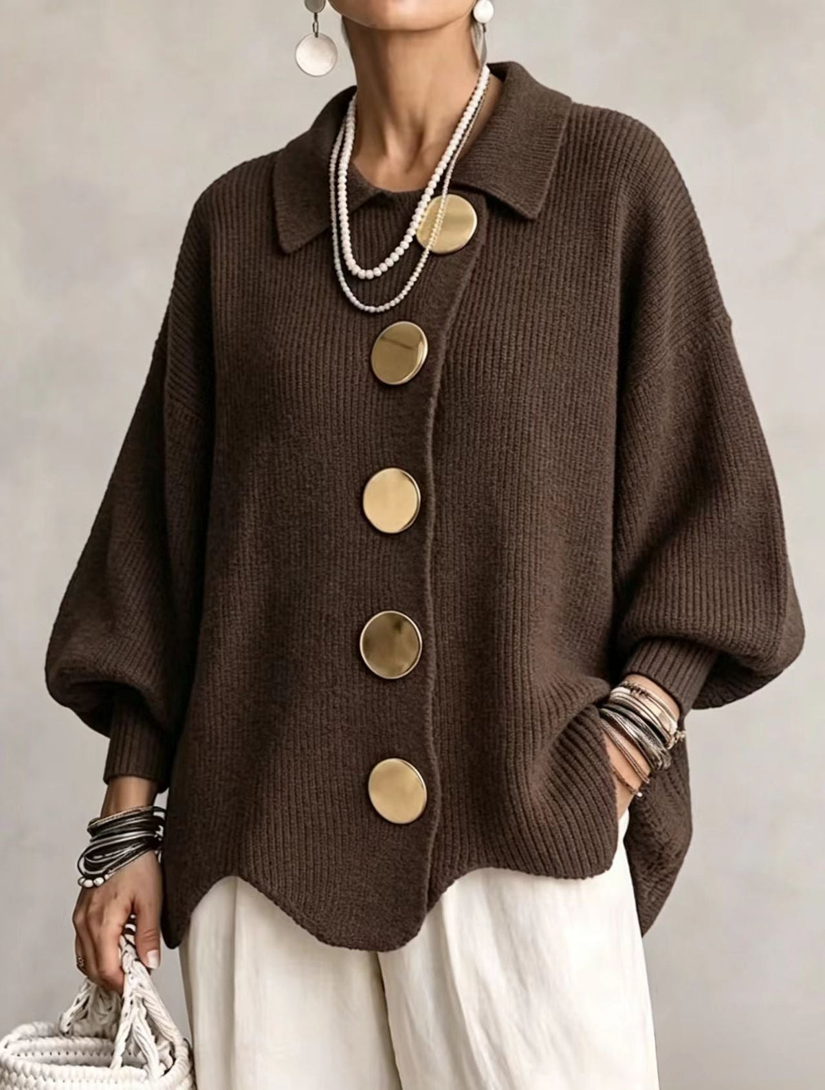 Isadora™ | Oversized Collared Cardigan With Large Metal Buttons