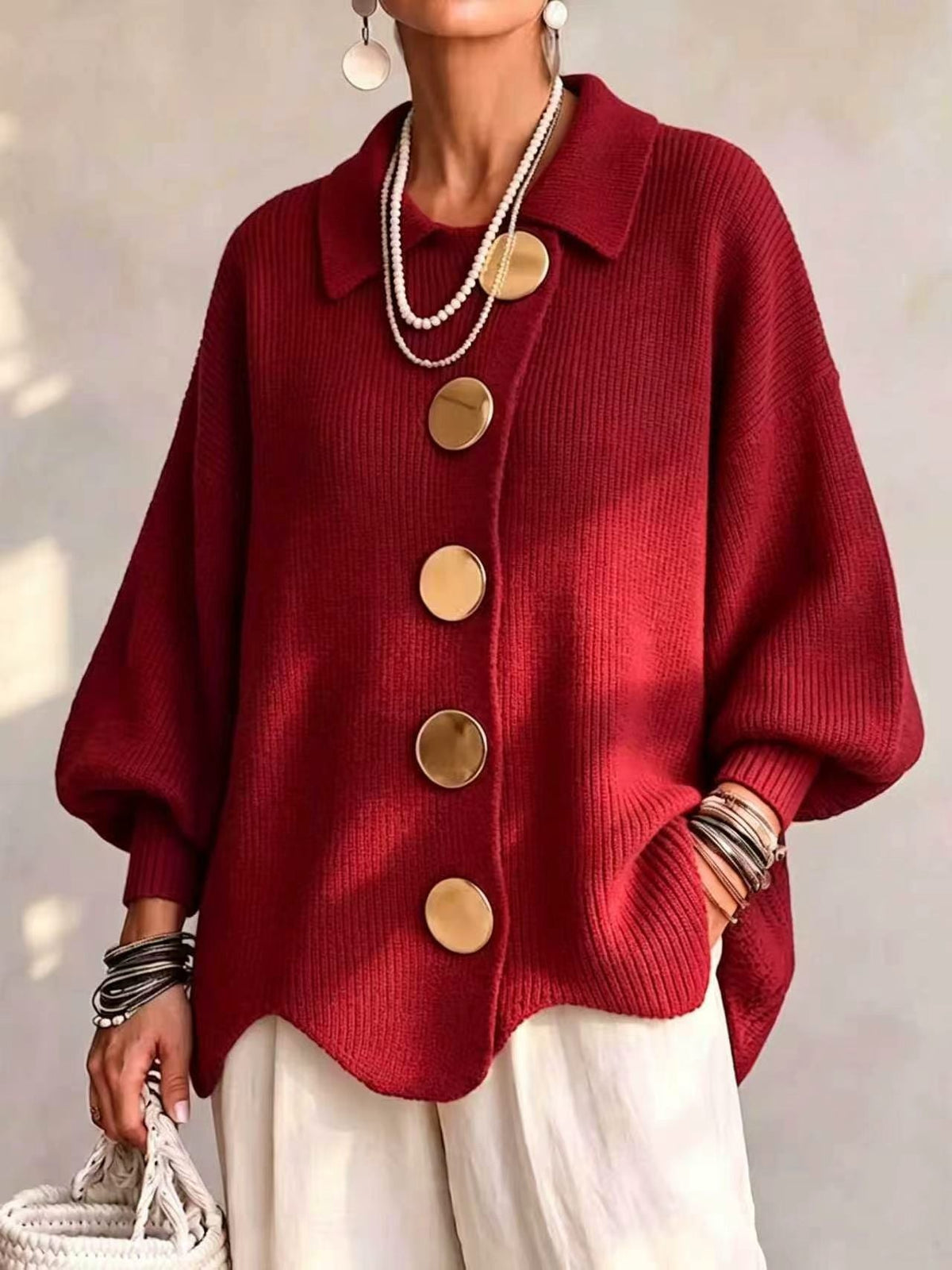 Isadora™ | Oversized Collared Cardigan With Large Metal Buttons